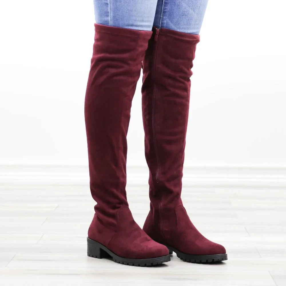 Wine Lug Sole Thigh High Boots Back Lace Tie - Picture 2 of 14